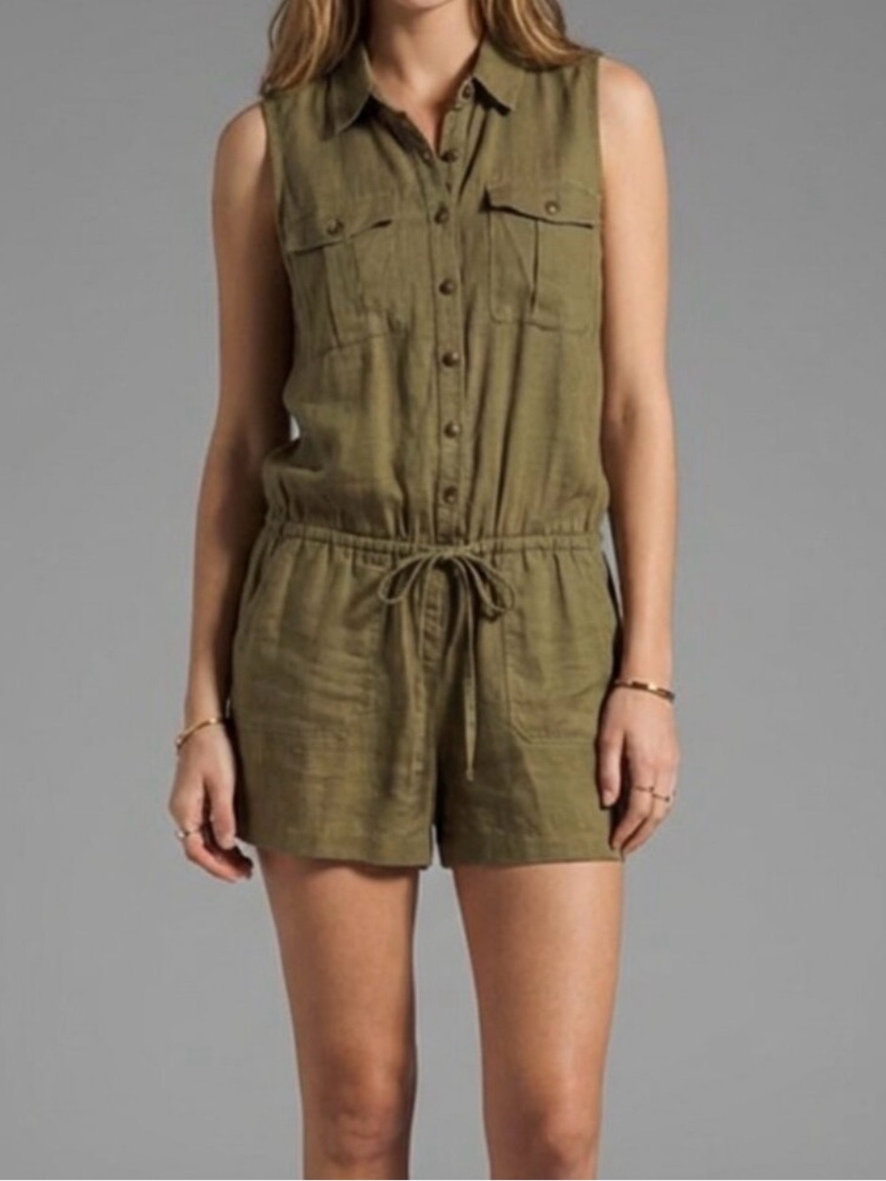 Ralph Lauren Women Sleeveless Olive Linen Romper Shorts Mid-Rise Sz 12